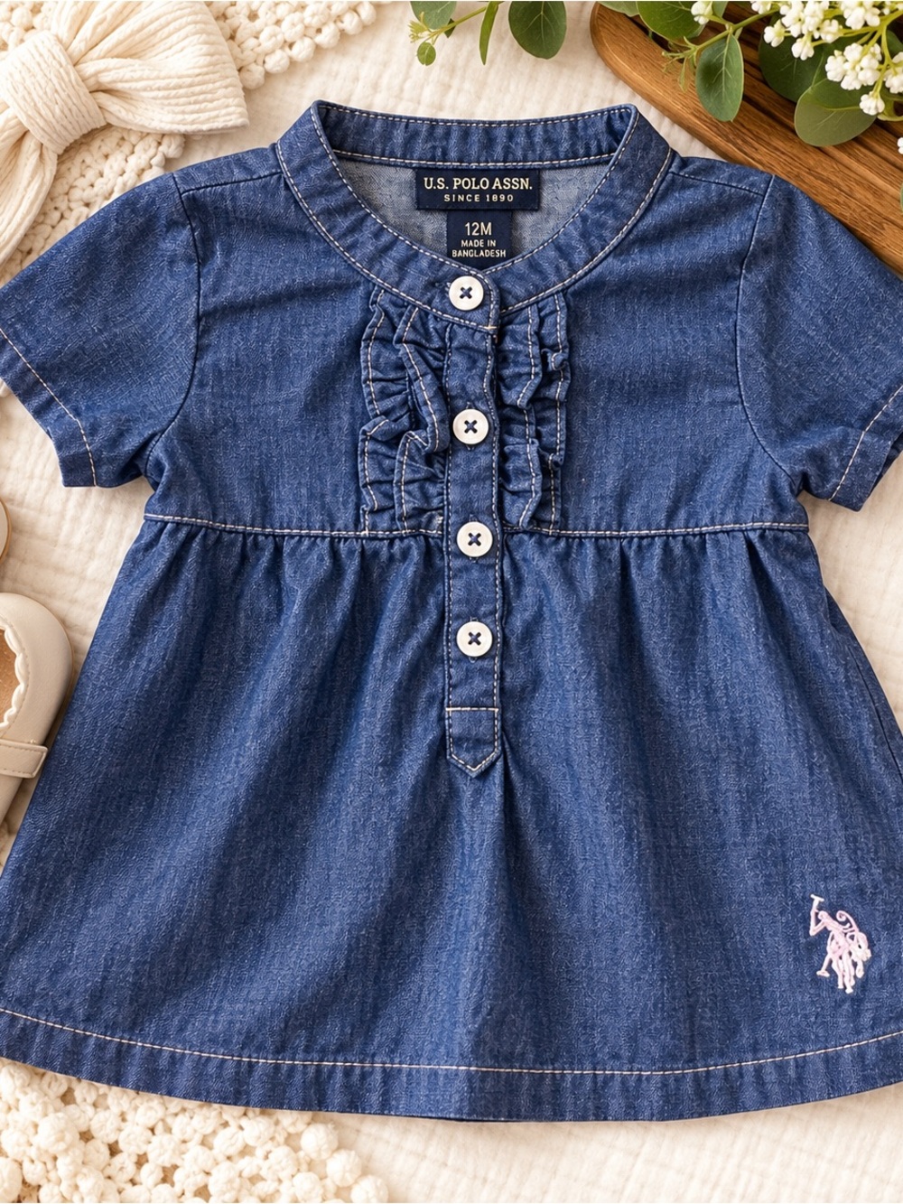 U.S. Polo Assn Baby Girl Chambray Denim Dress 12M Ruffle Short Sleeve